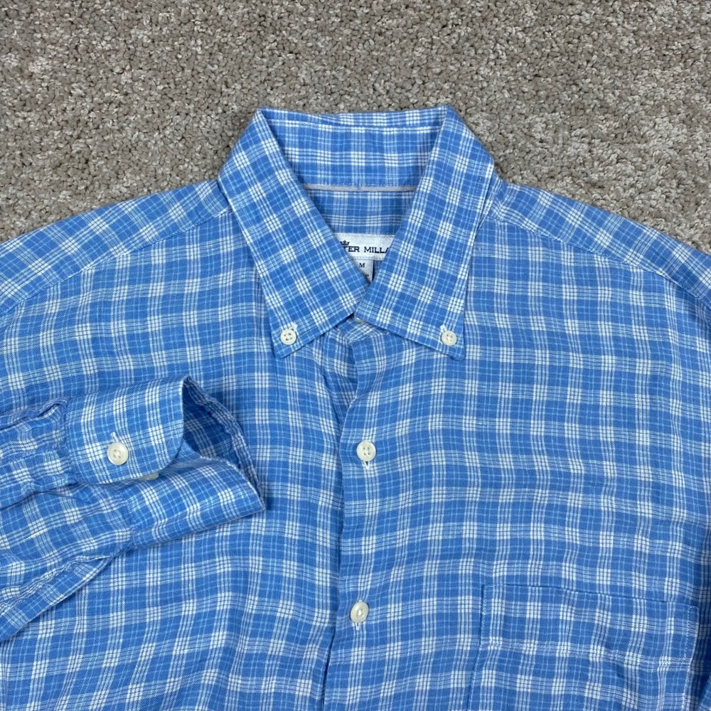 Peter Millar Mens Blue Plaid 100% Linen Button Down Shirt Long Sleeve Size‎ M